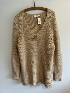 NEW loft plus tan & gold glittery V-Neck pullover Knit Sweater